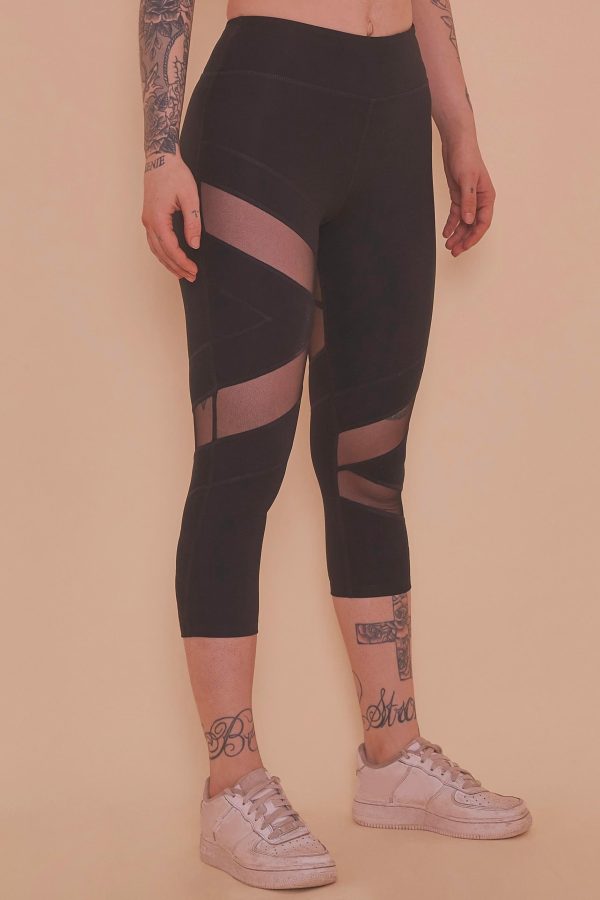 Mesh Panel Crop Leggings Black For Cheap