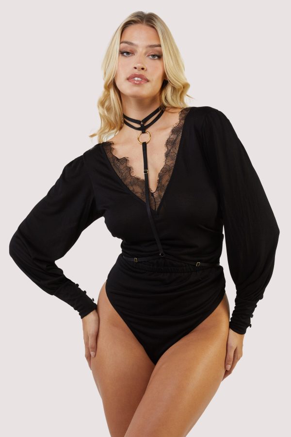 Libra Black Harness Sleeved Bodysuit For Discount