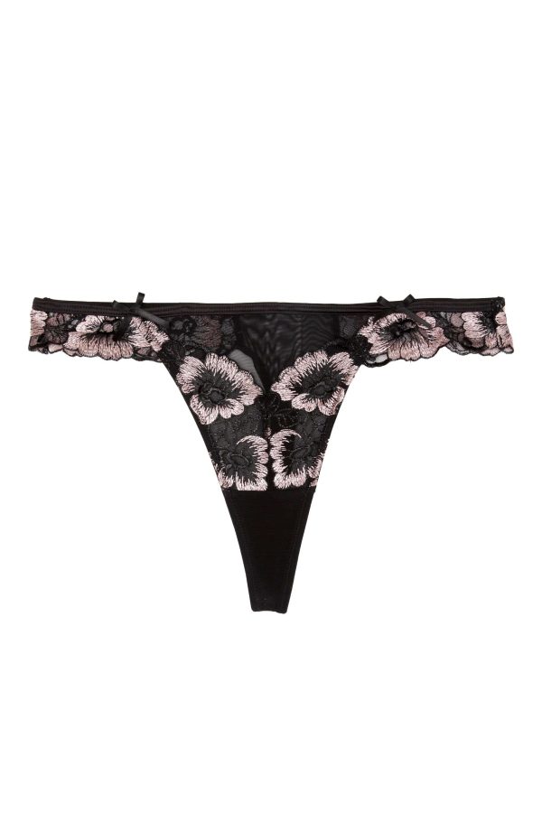 Alicia Black And Pink Embroidered Thong Discount