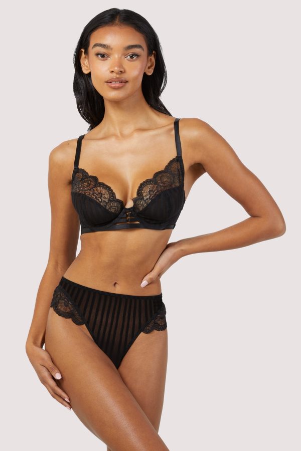 Saretta Black Stripe Mesh and Lace High Waist Thong Fashion