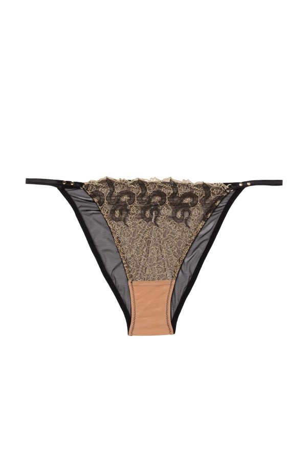 Amal Gold And Black Embroidery Tanga Brief Hot on Sale